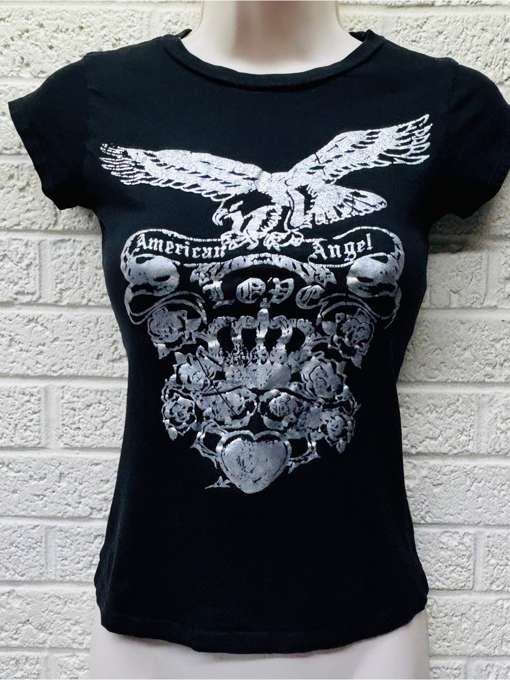 VTG‼ Y2K LOLA Sz M Black & Silver American Angel Eagle Biker Graphic Tee • VG‼